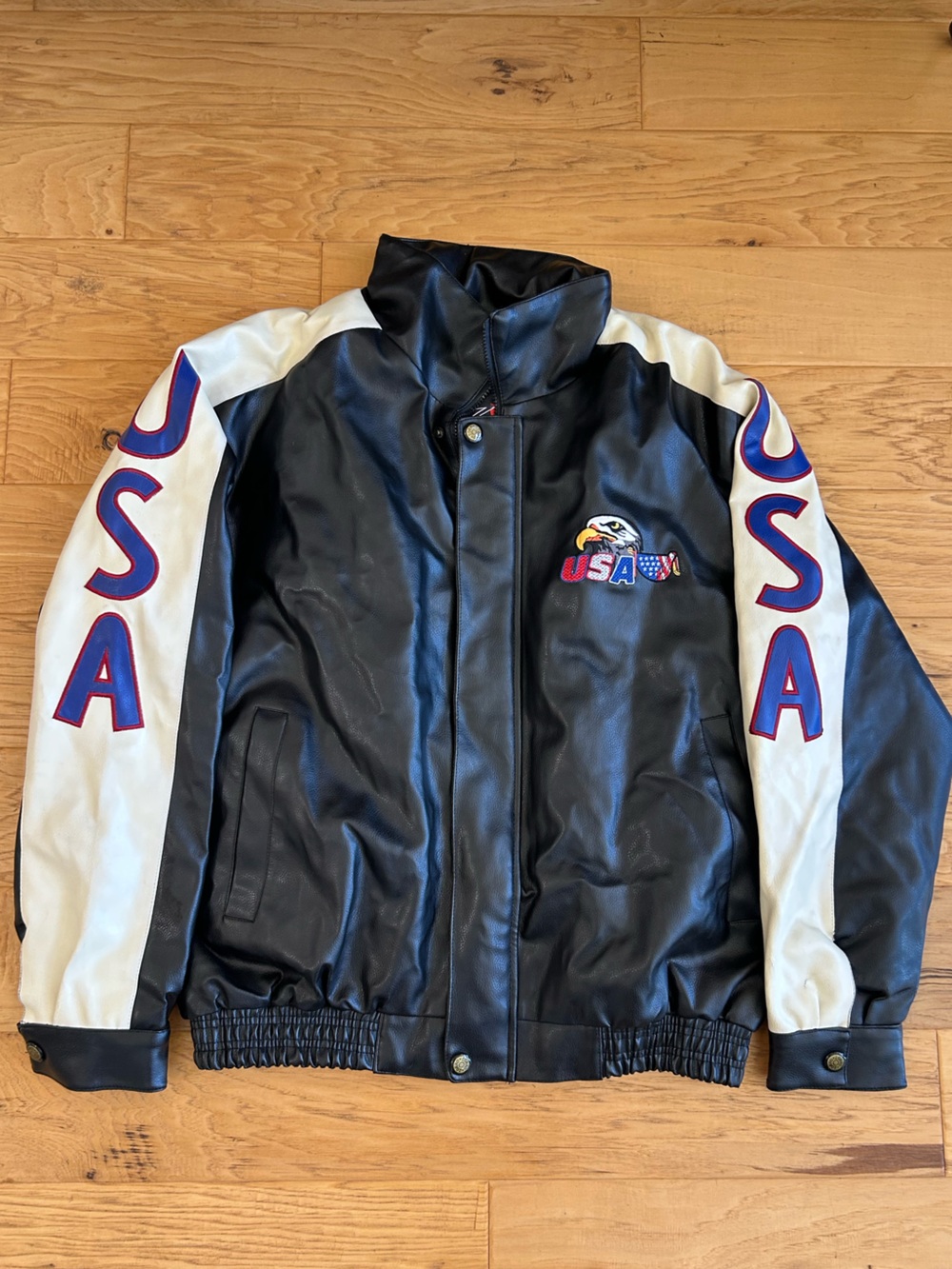 Zorro Faux Leather Jacket XXL Black White USA Embroidered Eagle Patriotic Lined